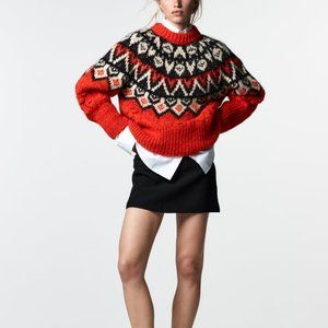 Zara - POMPOM JACQUARD KNIT SWEATER - S - Red